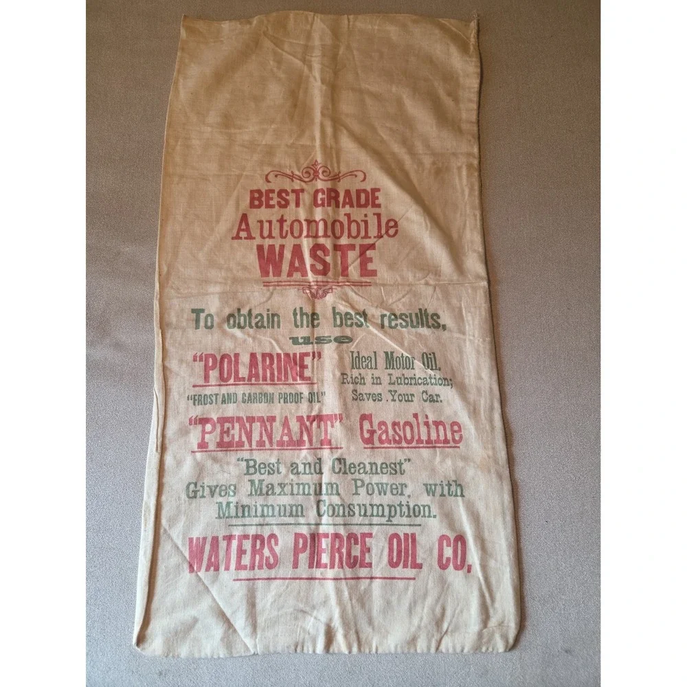Rare Antique 1910s Waters Pierce Oil Co Automobile Waste Cloth Bag Sign Petrolia